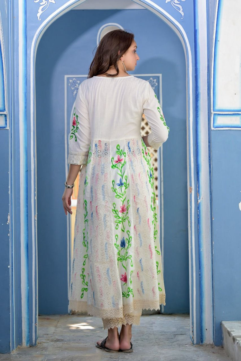 White Anarkali Floral Suit With Dupatta