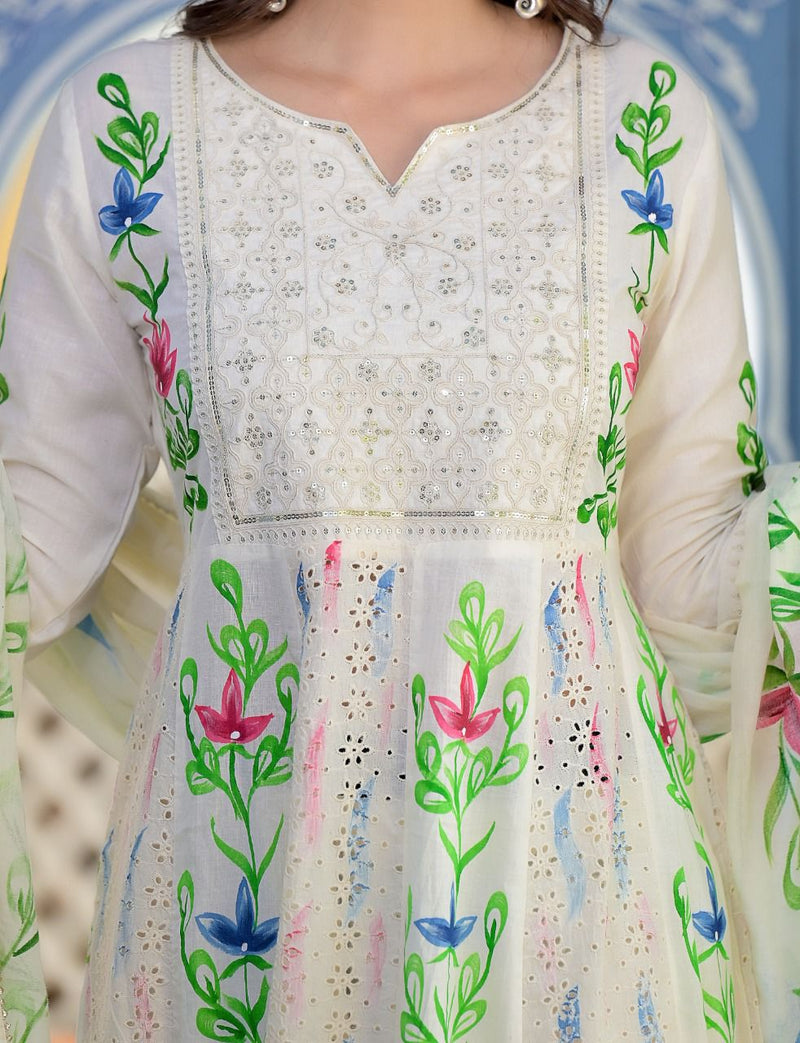 White Anarkali Floral Suit With Dupatta