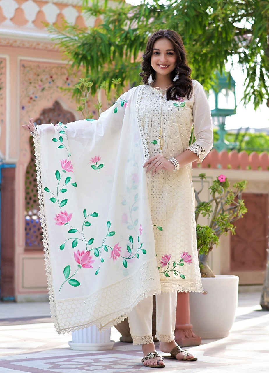 White Floral Suit With Dupatta