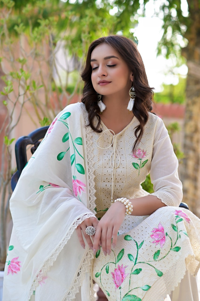 White Floral Suit With Dupatta