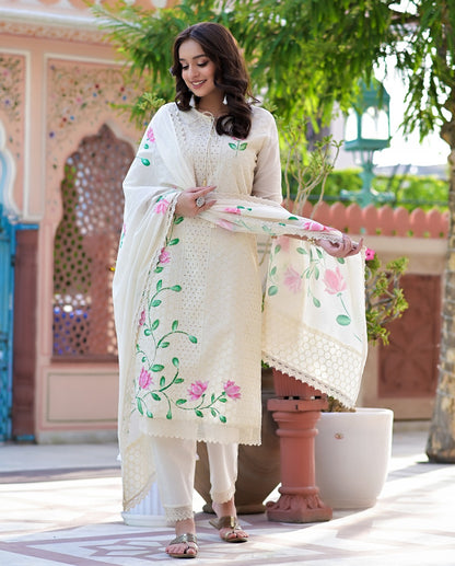 White Floral Suit With Dupatta