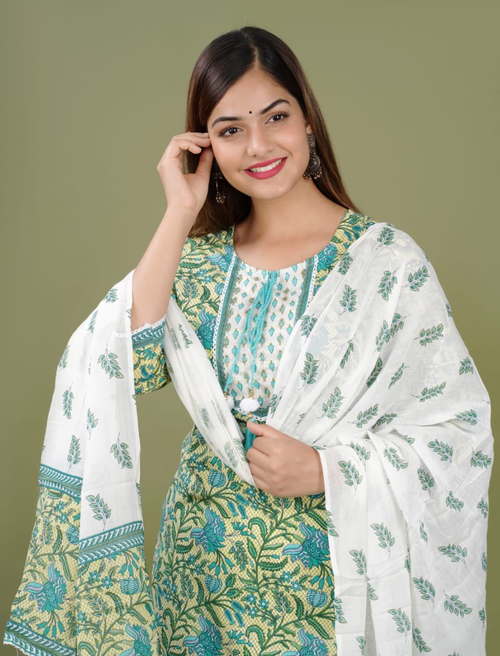 Tea Green, Turquoise & white Suit With Dupatta