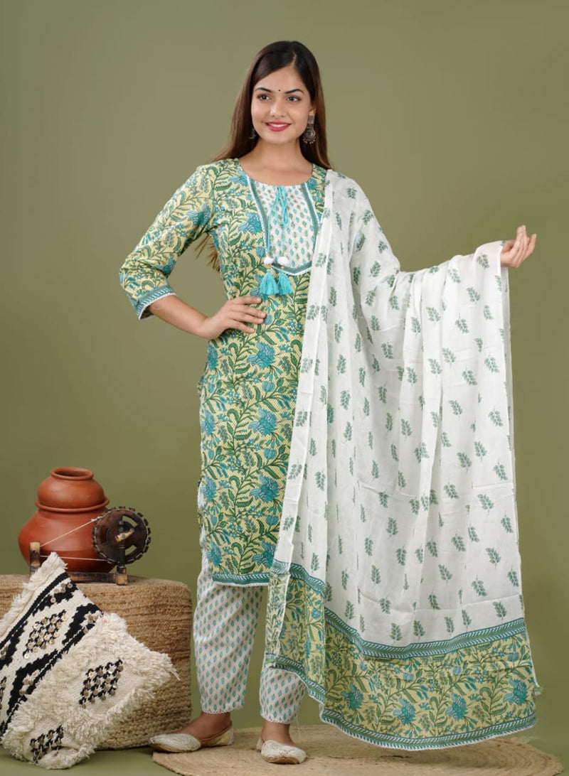 Tea Green, Turquoise & white Suit With Dupatta