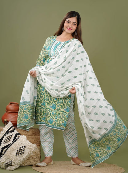 Tea Green, Turquoise & white Suit With Dupatta