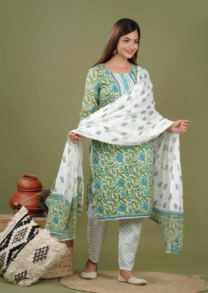 Tea Green, Turquoise & white Suit With Dupatta