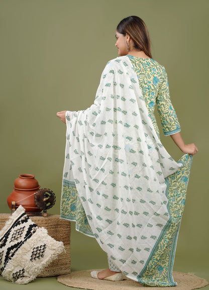 Tea Green, Turquoise & white Suit With Dupatta