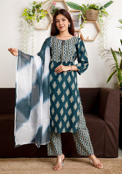 Teal & Golden Color Suit With Dupatta