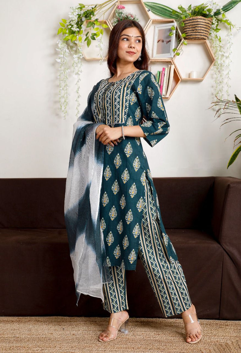 Teal & Golden Color Suit With Dupatta