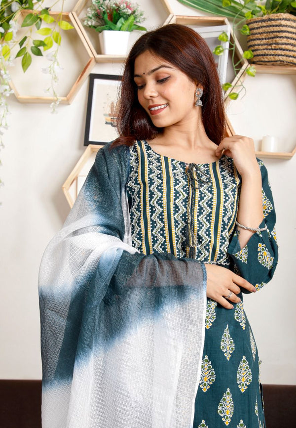 Teal & Golden Color Suit With Dupatta