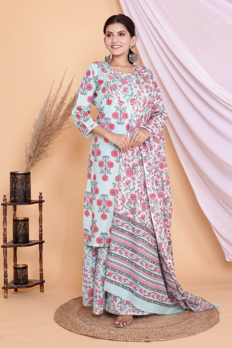 Ice Blue Kurti Sharara With Dupatta