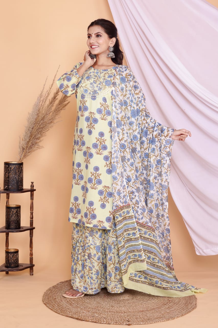 Light Lemon Kurti Sharara With Dupatta