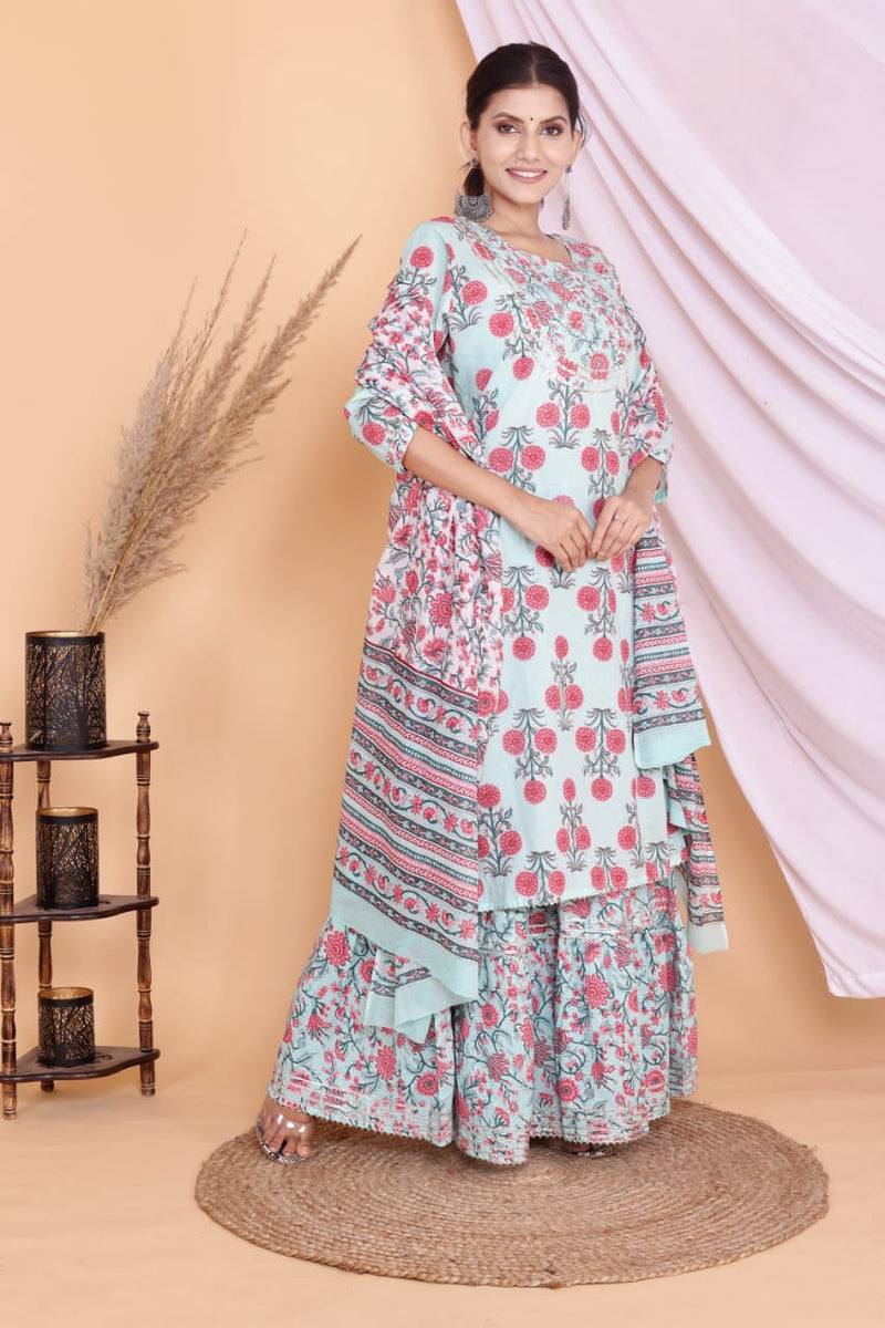 Ice Blue Kurti Sharara With Dupatta