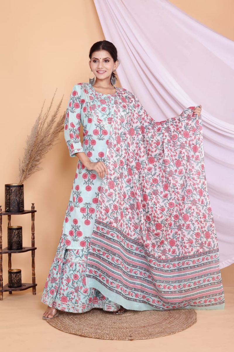 Ice Blue Kurti Sharara With Dupatta