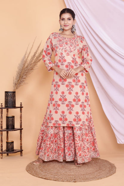 Peach & Orange Kurti Sharara With Dupatta