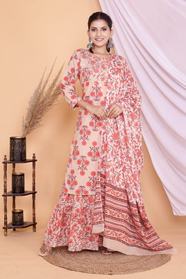 Peach & Orange Kurti Sharara With Dupatta