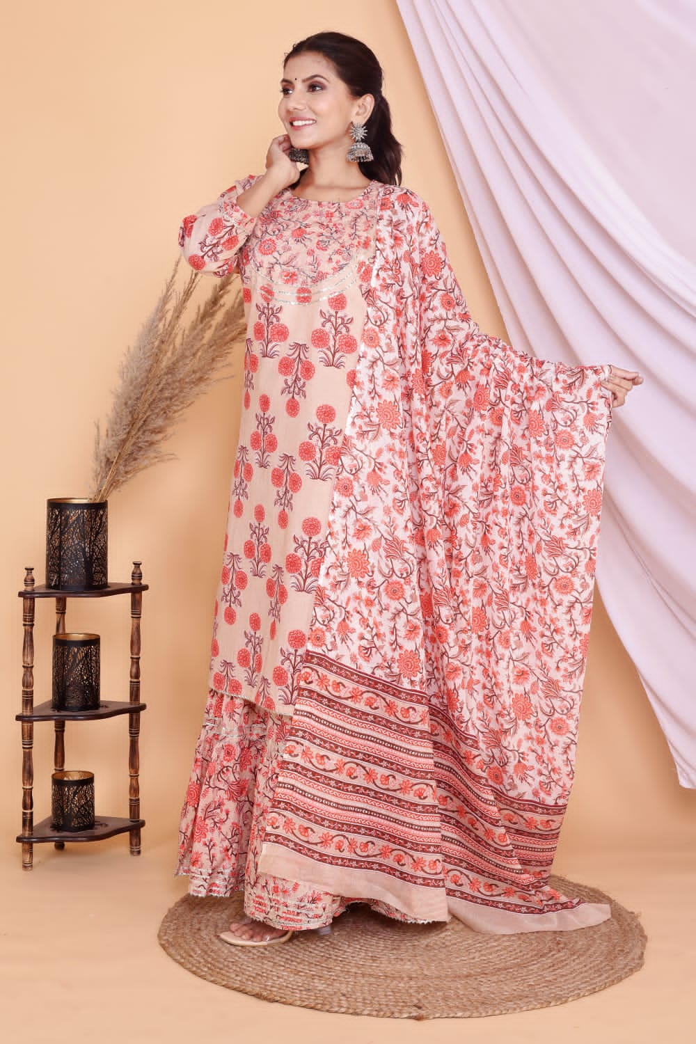 Peach & Orange Kurti Sharara With Dupatta