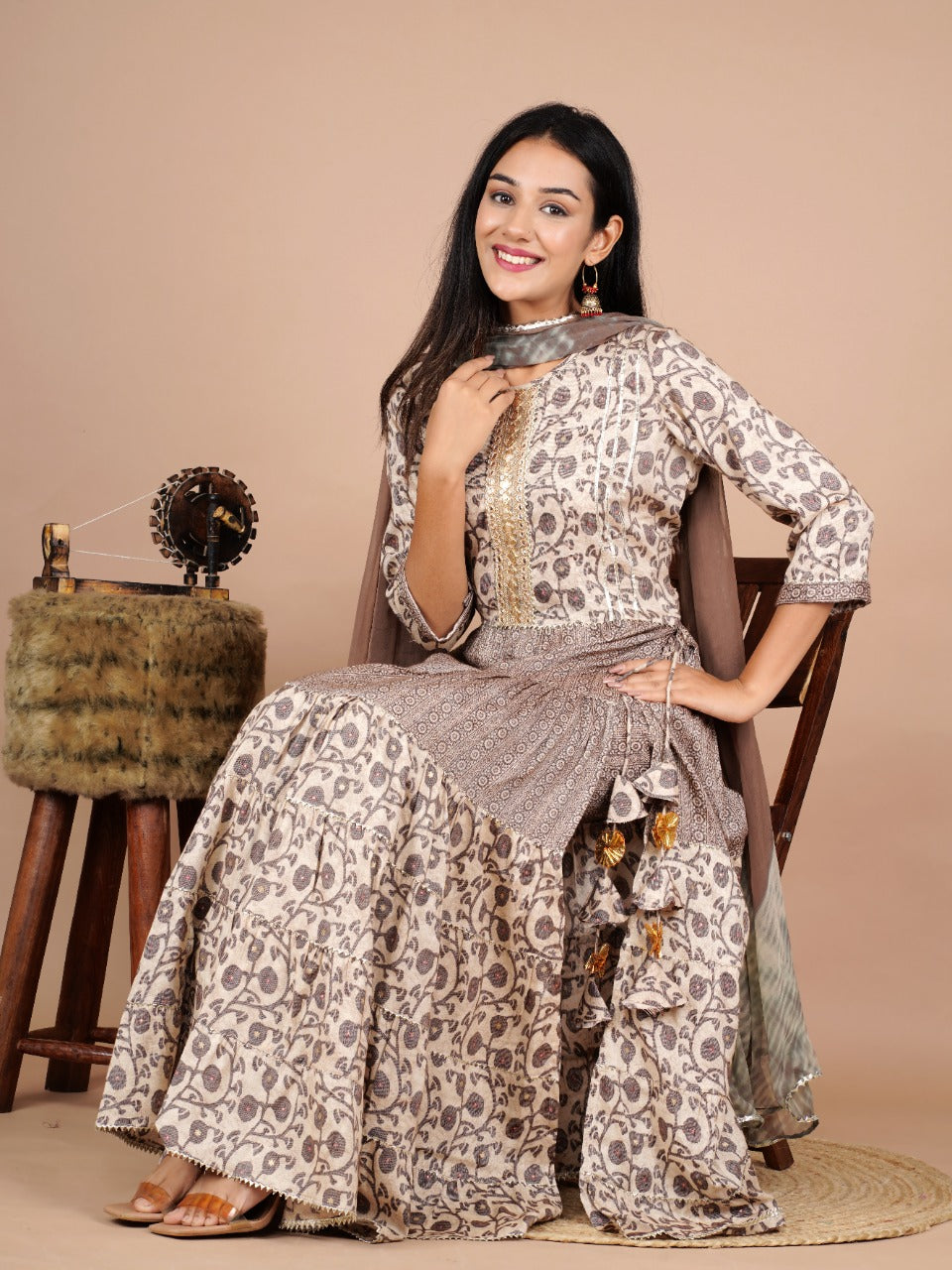 Designer Beige Coffee Suit With Dupatta