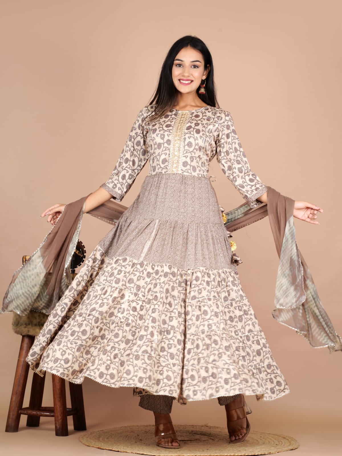 Designer Beige Coffee Suit With Dupatta