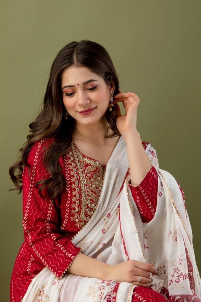 Red & White Suit With Dupatta