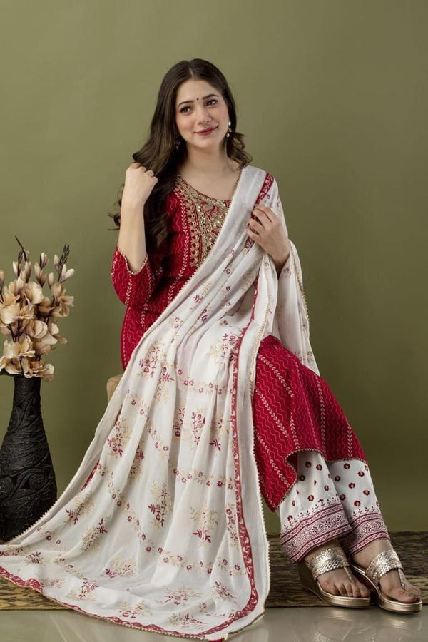 Red & White Suit With Dupatta