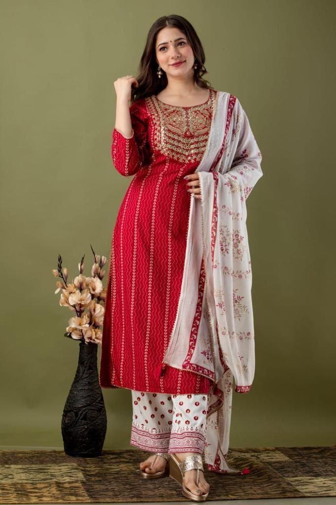 Red & White Suit With Dupatta