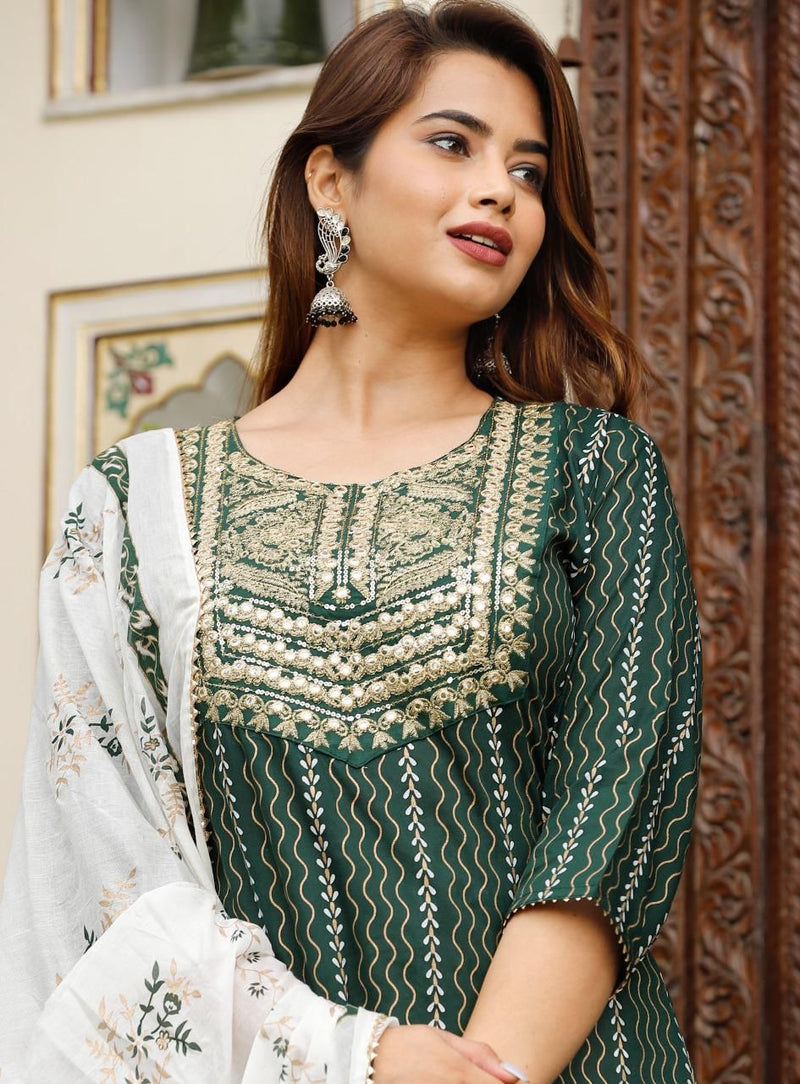 Dark Green & White Suit With Dupatta