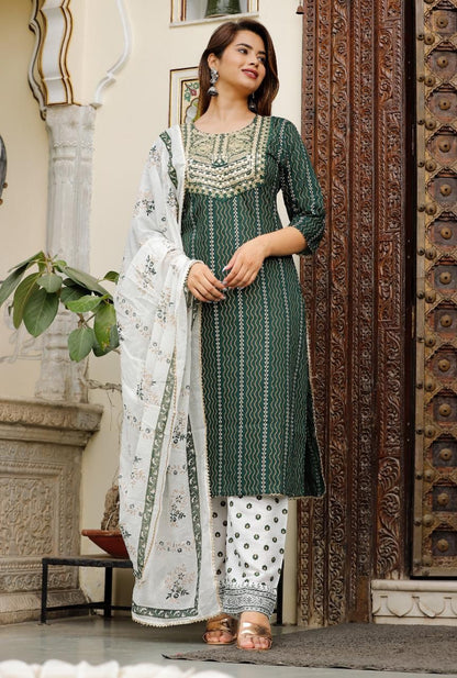 Dark Green & White Suit With Dupatta