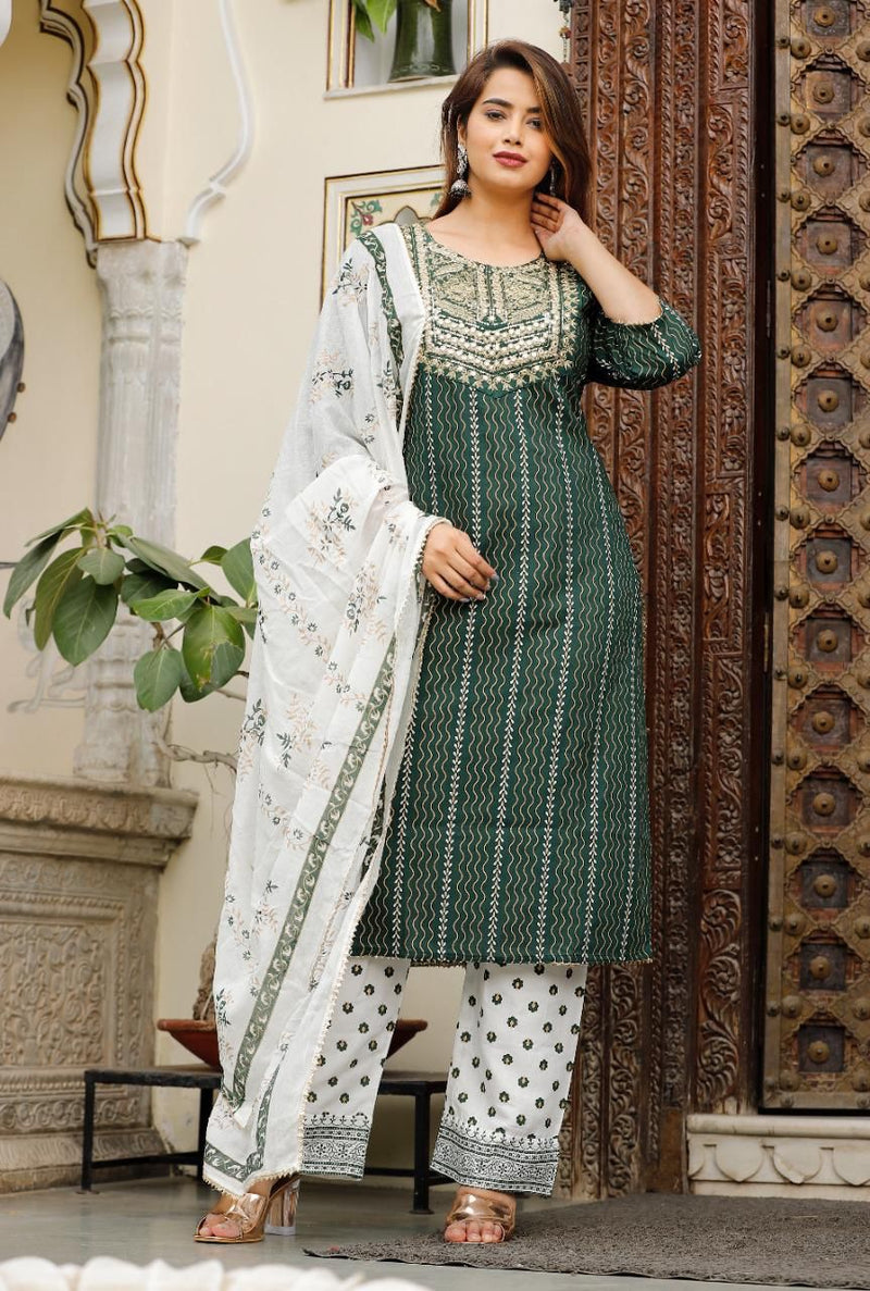 Dark Green & White Suit With Dupatta