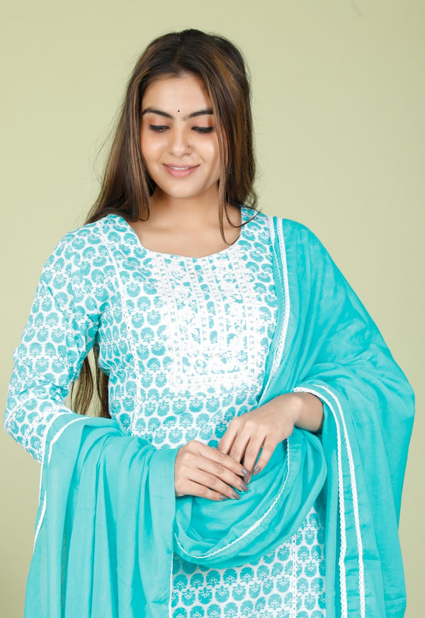 Sky blue & white Suit With Dupatta