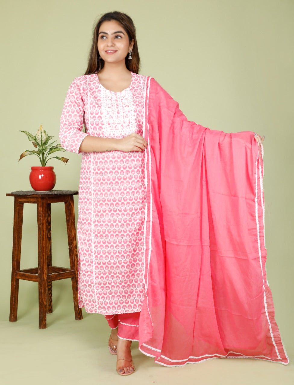 Pink & white Suit With Dupatta