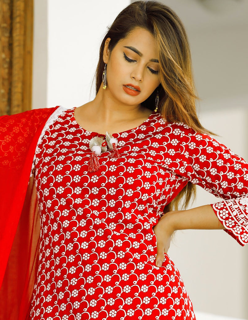 Cherry Red Heavy embroidery Suit With Dupatta