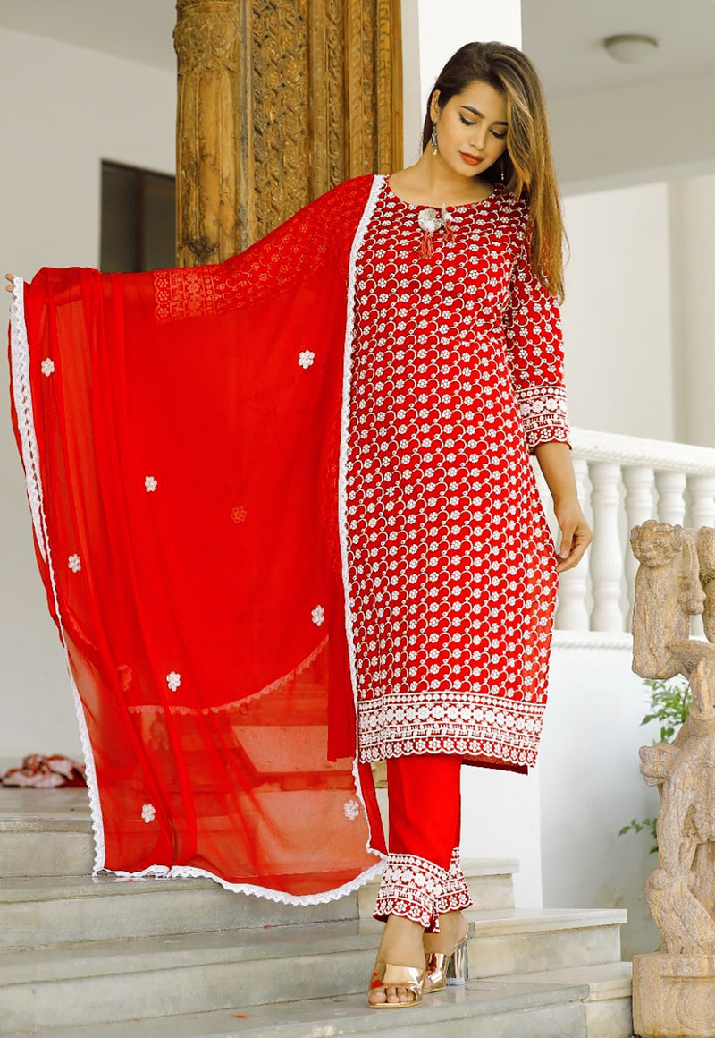 Cherry Red Heavy embroidery Suit With Dupatta