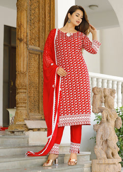 Cherry Red Heavy embroidery Suit With Dupatta