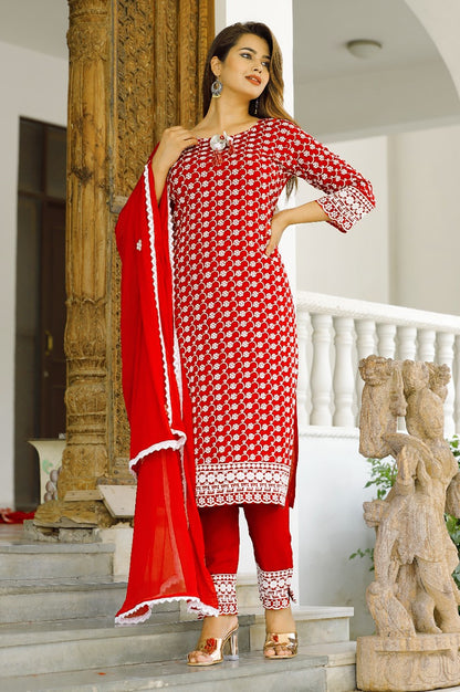 Cherry Red Heavy embroidery Suit With Dupatta