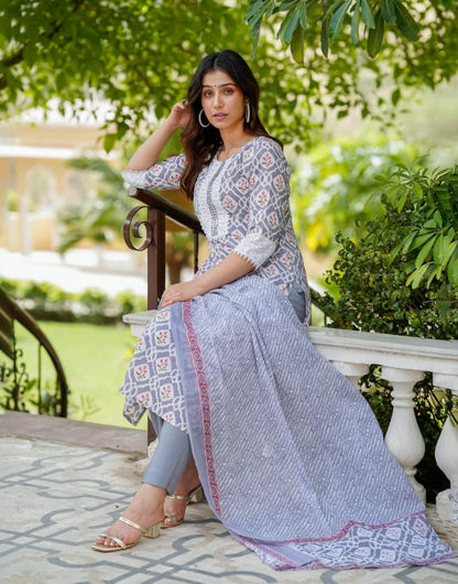 Grey Printed  Suit With Dupatta