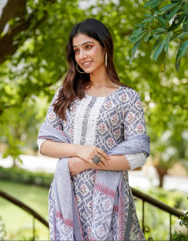 Grey Printed  Suit With Dupatta