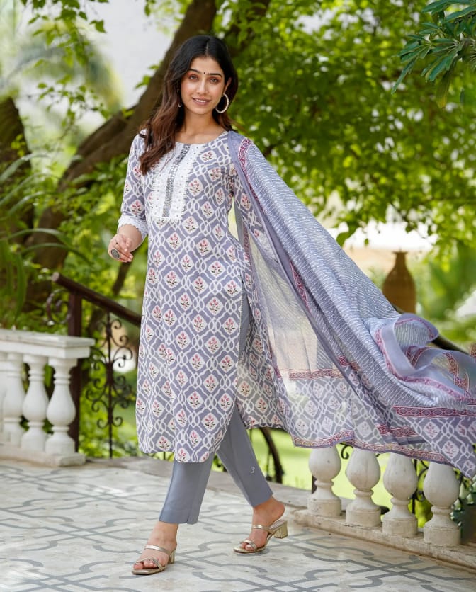 Grey Printed  Suit With Dupatta