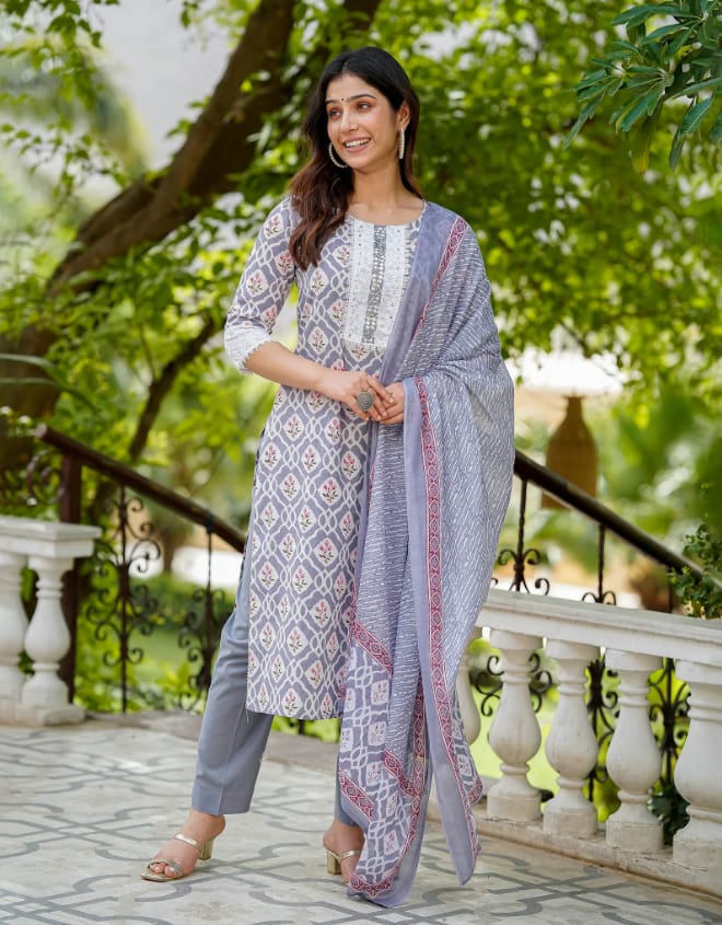 Grey Printed  Suit With Dupatta