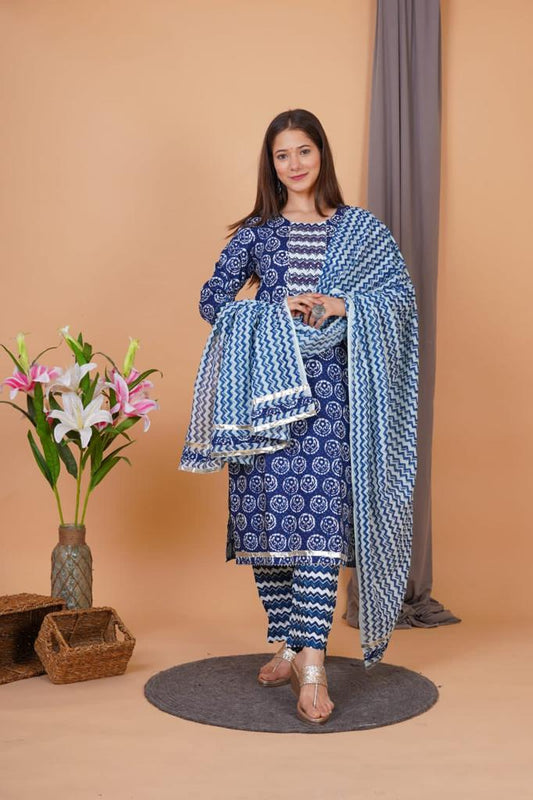 Royal Blue Printed Suit With Dupatta