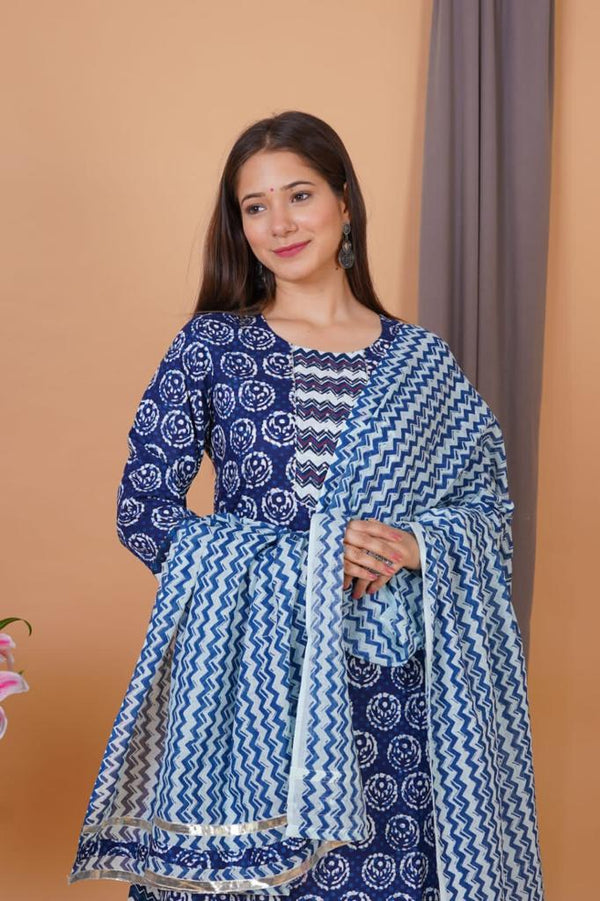 Royal Blue Printed Suit With Dupatta