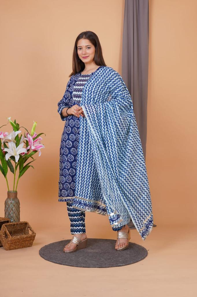 Royal Blue Printed Suit With Dupatta