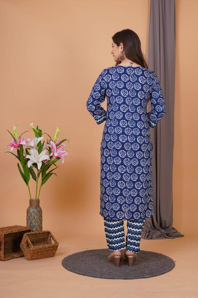 Royal Blue Printed Suit With Dupatta