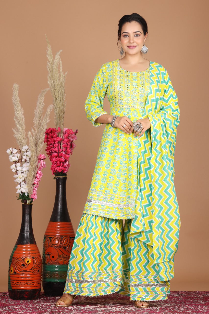 Lemon Green Designer Kurti Sharara With Dupatta