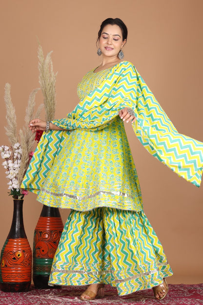 Lemon Green Designer Kurti Sharara With Dupatta