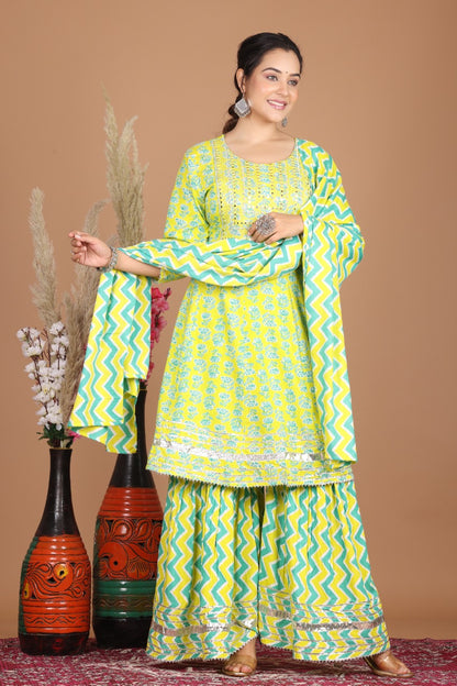 Lemon Green Designer Kurti Sharara With Dupatta