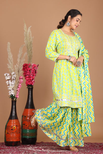 Lemon Green Designer Kurti Sharara With Dupatta