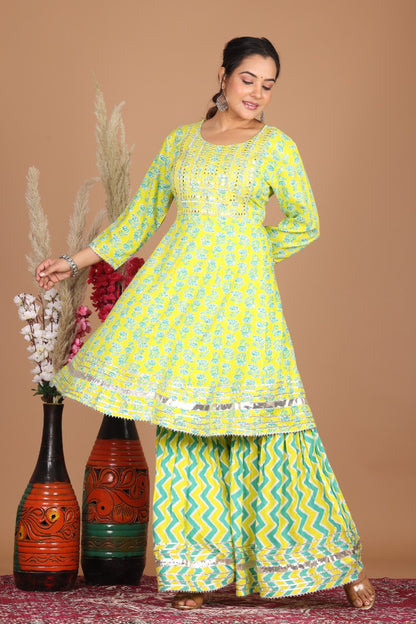 Lemon Green Designer Kurti Sharara With Dupatta