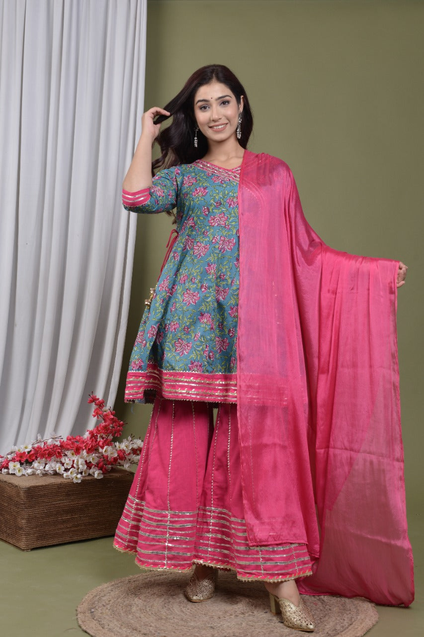 Designer Pink Floral Kurti Sharara With Dupatta