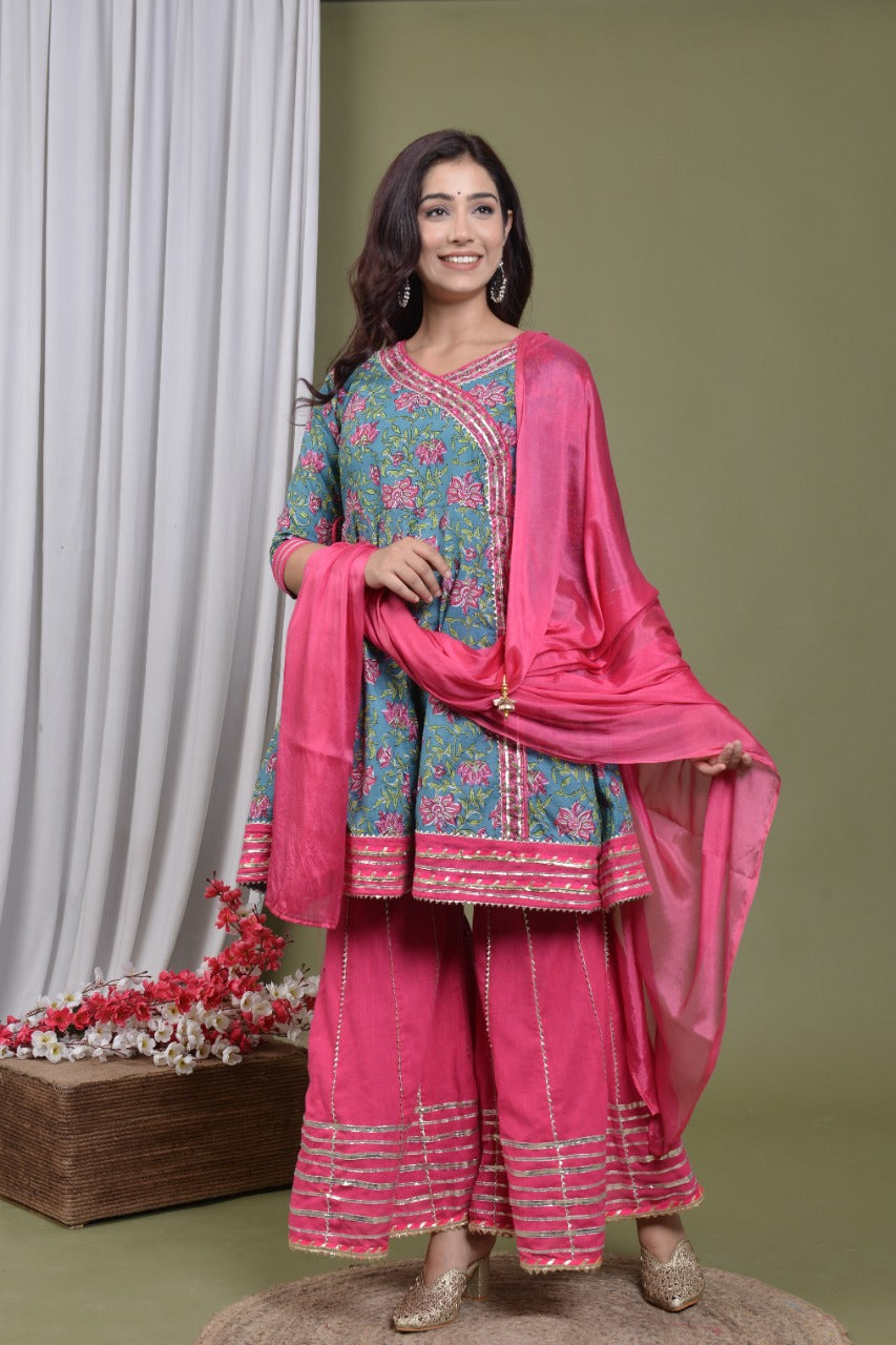 Designer Pink Floral Kurti Sharara With Dupatta