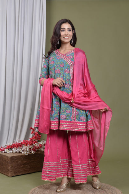 Designer Pink Floral Kurti Sharara With Dupatta